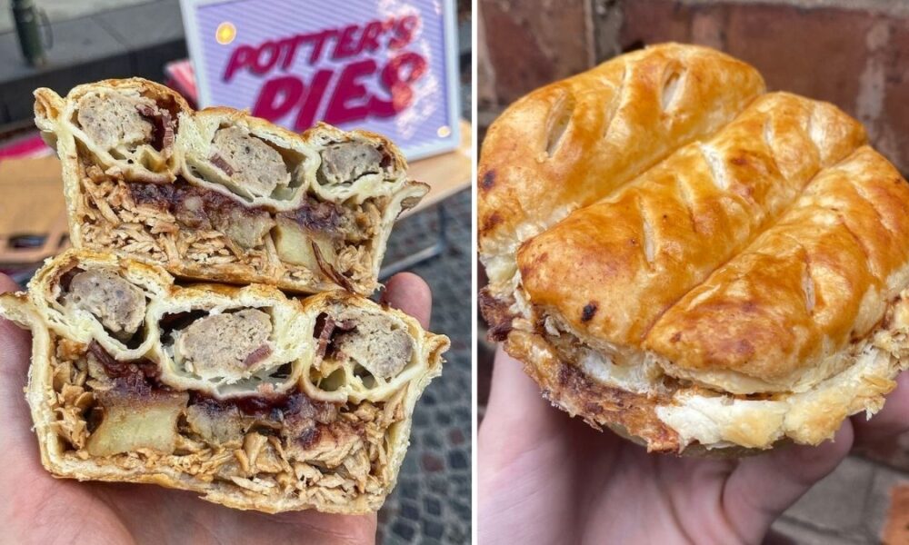 A Christmas dinner pie with a pigs in blanket sausage roll crust has