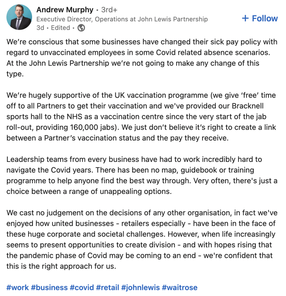 John Lewis will pay staff full sick pay regardless of vaccination status